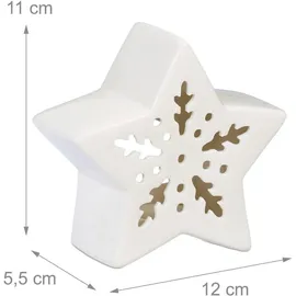 Relaxdays Teelichthalter Keramik, Porzellanstern für 1 Teelicht, H x B x T: 11 x 12 x 5,5 cm, Kerzenhalter Stern, weiß
