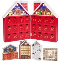 BRUBAKER Wiederverwendbarer Adventskalender aus Holz zum Befüllen - Rotes Weihnachtshaus mit Krippenspiel und LED-Beleuchtung - DIY Weihnachtskale...