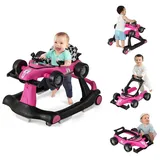 COSTWAY 4 in 1 Lauflernhilfe, Lauflernwagen klappbar mit einstellbarer Höhe & Geschwindigkeit, Baby Walker Autoförmig mit Musikbox, Licht & Rädern, Gehfrei Baby ab 6 Monaten, 12kg Belastbar (Hot Pink)