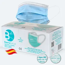 Baena Salud 50 Einweg-Schutzmasken chirurgisch, Typ IIR, in blauer Farbe, Filtration (BFE) 98%, hergestellt in Spanien