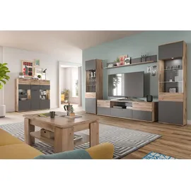 inn.furn Wohnwand, Eiche, Grau, Kunststoff, Nachbildung,Eiche, Uni, Holz Optik, 12 Fächer, Rechteckig, 338x200x47 cm, FSC Mix, Wohnzimmer, Wohnwände, Wohnwand-Sets