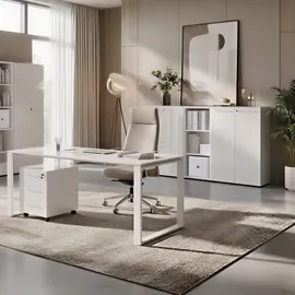 KADIMA DESIGN Büro-Set MUENCHEN 5-teilig weiß Glasfront Abschließbar Schreibtisch, Container, 2 Schränke, Regal