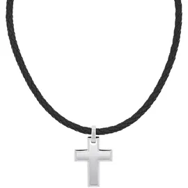 Tom Tailor Kette mit Anhänger Edelstahl Leder Kreuz schwarz
