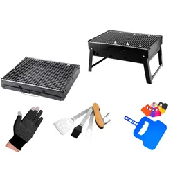 Toolbrothers Outdoor  tragbarer Holzkohle Grill Set für Camping werkzeuglose Montage 43 x 29 x 23 cm schwarz + Grillbesteck, Grillhandschuhe & Grillfächer  8 tlg