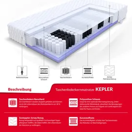 Fdm Kepler Taschenfederkernmatratze 120x200 cm 7-Zonen Matratze Höhe 20 cm Punktelastizität Härtegrad H3 H4 Polyurethan-Schaum Matratzenbezug Jersey