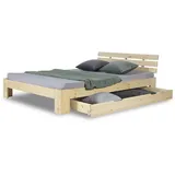 Homestyle4u Holzbett Braun, Holz, Kiefer, 140x200 cm Lattenrost Bett Natur Doppelbett mit Bettkasten in 2250,