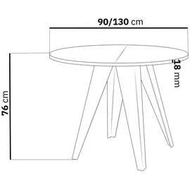 WFL GROUP Esstisch Glory im Industriestil - Modern, Rund - Ausziehbar von 90 cm bis 130 cm, mit pulverbeschichteten Metallbeinen, Tisch für Kleine Küche - Farbe Schwarz