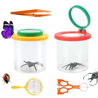 2 Stück Becherlupe Set, Insektenfänger mit Lupe, lupenbecher mit Schmetterlingsfangnetz, Pinzette, Forscherset für Outdoor Wissenschaft Natur Erkundung