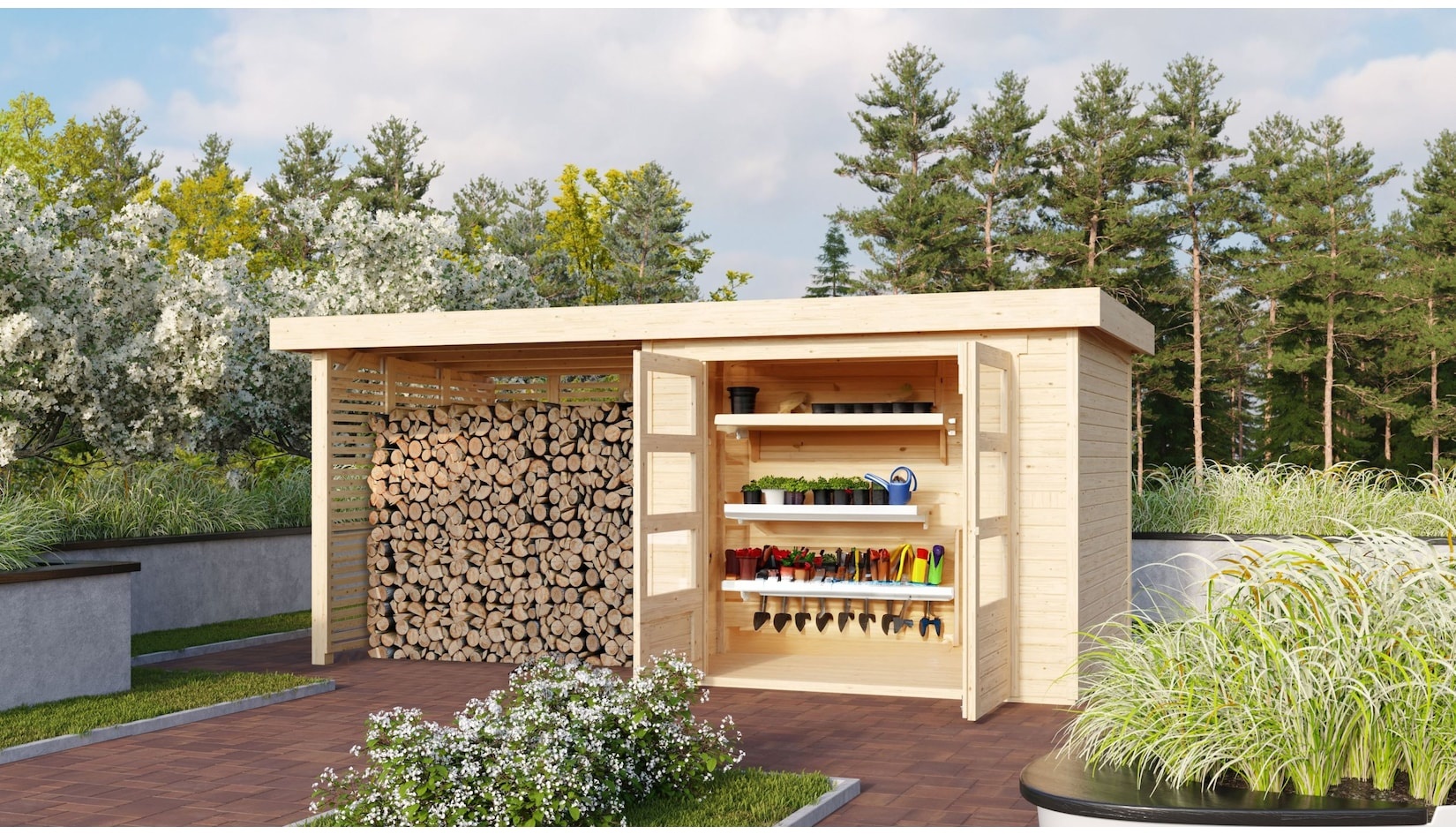 Karibu Gartenhaus mit Feuerholzunterstand inkl. selbst. Premium-Aluminiumfolie