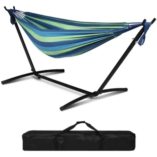 LEADZM Hängematte mit Gestell, Gestell aus Metall, bis 250 kg belastbar, 305x109x104 cm, auf 6 Verschiedene Höhen verstellbar (Blau-grün)