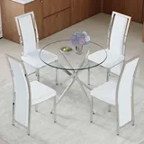 4er Set Esstisch mit gehärtetem Glas, 88 cm, vier weiße PolyurethanEsszimmerstühle im minimalistischen Design mit silberner Kante und silbernem ... - Weiß/Silber