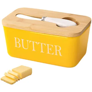 Ferakum Butterdose mit Holzdeckel, Butterdose Keramik mit Buttermesser, Multifunktion Butterbox Porzellan, Butterglocke, Butterbox für Haushalt und Küche (14.8 * 8.5 * 6 Gelb)
