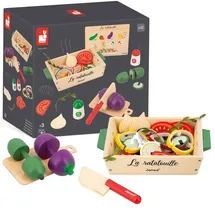 Juratoys Janod Janod-Ratatouille-Spielset-32 Küchenzubehörteile-Rezept + Utensilien + Gemüse-Rollenspielzeug-Spielzeug aus FSC-Holz-Ab 3 Jahren, J06626, Mehrfarbig