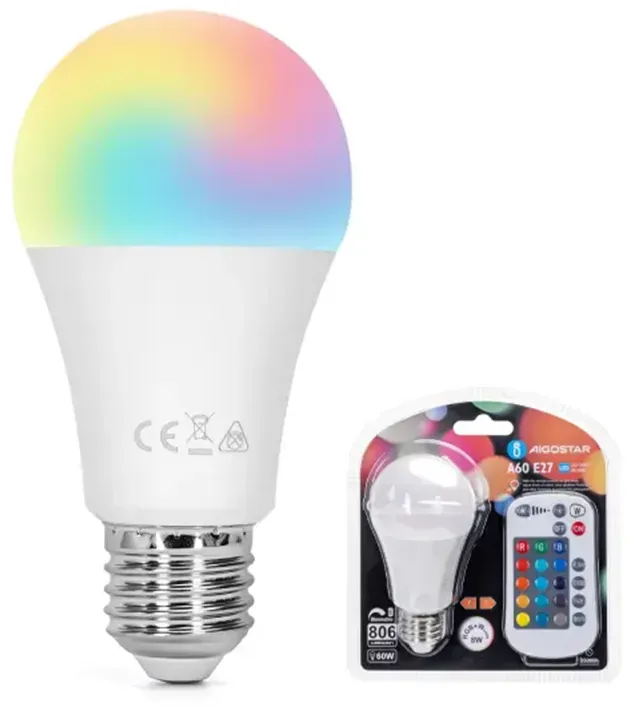 Aigostar LED A5 A60 Farbglühbirne, E27 8W RGB+W, mit weitem Winkel und Fernbedienung