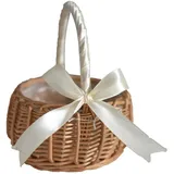 ZRSWV Weidenrattan-Blumenkorb, Hochzeits-Blumenmädchenkorb mit Schleife, handgefertigter Weiden-Aufbewahrungskorb mit Griff und Kunststoffeinsatz für Hochzeitszeremonie, Party (Weiß, S)