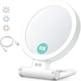 Jalleria - Planet Vergrößerungsspiegel Mit Licht, 10x/1x, Doppelseitig, Tragbarer Schminkspiegel, 3-farben-beleuchtung, Dimmbarer Touchscreen