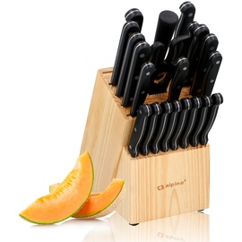 Alpina Messerblock 22-Teilig - Messerset mit Block - Küchenmesser Set - 18 Verschiedener Messer - Inkl. Schärfer und Schere mit Antihaftbeschichtung - 21 x 15 x 22 CM - Messerblock aus Holz