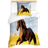 Abakuhaus Bettwäsche Milbensicher Allergiker geeignet mit Kissenbezug, Microfaser, Tier Wiese Geheimnis Pferd blau|braun|gelb