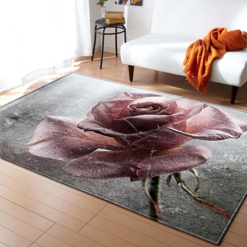 BEDSERG Outdoor Teppich Home Teppich Graue rosa Blumen Kurzflor rutschfest Teppich Modern Teppiche für Wohnzimmer 120x170cm