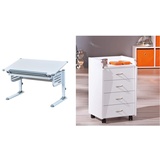 Inter Link Schreibtisch Schülerschreibtisch ergonomisch mit Schublade aus Metall und MDF in Weiss und Grau, 110 x 68 x H 55 - 78 cm & Rollcontainer Bürocontainer Rollschrank Weiss, 40 x 36 x 65 cm