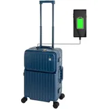 Travelhouse Roma Handgepäck Koffer mit USB und Getränkehalter, Alu-Rahmen, PC Hartschale, Blau,