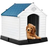 GYMAX Outdoor Hundehütte mit Schrägdach & erhöhtem Boden, Hundehaus aus Kunststoff, Wetterfeste Hundehöhle im Landhausstil (Weiß + Blau, 72,5 x 66 x 70,5 cm)