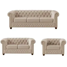 S-Style Chesterfield Polstergarnitur Samt 3-Sitzer + 2-Sitzer + Sessel Beige