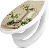 banjado Familien WC Sitz mit Absenkautomatik 44,9x37,1cm - Klobrille mit Kindersitz aus hochwertigem Polypropylen - Toilettendeckel mit Kinder Toilettensitz integriert - Motiv Stillleben Kirschblüten