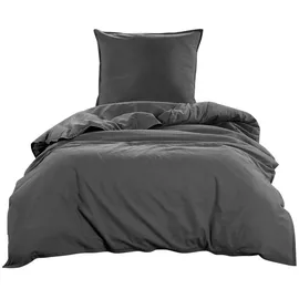 Wometo Bettwäsche Renforce Stone-Washed 135x200 & 80x80 100% Baumwolle - dunkelgrau OEKO-TEX weich modern Used-Look Leinen-Optik