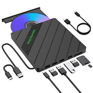 inaepeak 8 IN 1 Externes CD DVD Laufwerk für Laptop, USB 3.0 DVD Brenner Extern mit 4 USB Anschluss/2 TF SD Kartenleser/1 Typ C Anschluss, CD Laufwerk Extern USB für Laptop/PC/Mac/Windows/Linux/OS