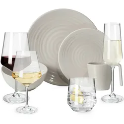 Moritz Melamin Camping Geschirr Set 4 Personen Coffee Design 16 Teilig + 16 Milano Gläser Wassergläser Weingläser Champagner-Gläser Flûtes Tafelgeschirr