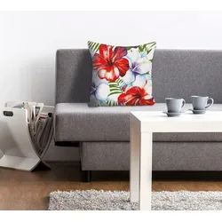 Dekokissen QUEENCE "Liam", bunt (rot, lila, bedruckt), B:40cm L:40cm, Polyester, Dekokissen_Sitzkissen_Kissenhüllen, Kissenhülle,Hibiscusblüten,Florales Muster,Tropisch,Exotisch,Bunt
