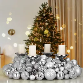DEUBA Weihnachtskugeln 102er Set Christbaumkugeln Weihnachtsbaumkugeln Weihnachtsbaumschmuck Silber