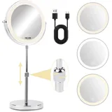 NVIYAM 8 Zoll Schminkspiegel mit Beleuchtung, 1X/10X Vergrößerung, Rechargeable 3 Colours Höhenverstellbarer Kosmetikspiegel, 360° Schwenkbar Doppelseitiges Vergrößerungsspiegel