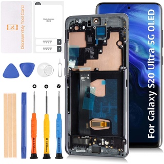 Olivechard S20 Ultra 4G/5G G988 OLED LCD-Display mit Fingerabdruck + kosmischem schwarzem Rahmen, 17,2 cm (6,8 Zoll) Touch-Digitalisierer, Montage für Samsung Galaxy S20 Ultra SM-G988B/U/W/B/DS