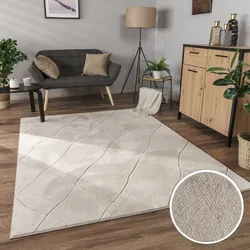 Teppich PACO HOME "Utrecht 641", beige (creme), B:160cm H:4mm L:220cm, Polyester, Teppiche, Kurzflor, Uni Farben, 3D-Design, Rauten Muster, besonders weich