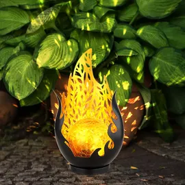 GLOBO Solarleuchte Flammen Design Außen Solarblume Aussen Lotusblume Solar Crackle Glas, grau, LED Leuchtmittel, 1x Lotusblume 1x Flammen Design, 2er Set