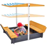 Vevor Holzsandkasten mit Überdachung, Sandkasten, Sandgrube mit klappbaren Sitzbänken und Bodeneinlage, Naturholz-Sandkasten für Kinder für den Garten, Geschenk für Kinder im Alter von 3–12 Jahren