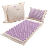 Hop-Sport 3in1 Akupressur-Set: Akupressurmatte & Kissen inkl. Tasche – Massagematte 100% Kokosfasern, Bezug aus Baumwolle und Leinen (Violett)