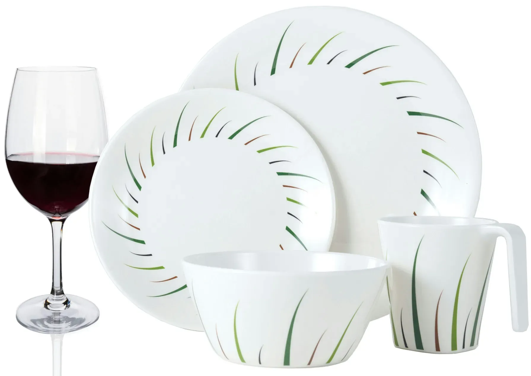 Moritz Melamin Camping Geschirr Set 4 Personen Limon Design 16 Teilig + 4 Rotweingläser Tafelgeschirr Picknick BBQ Kochgeschirr