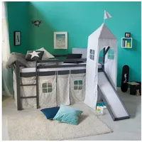 Homestyle4u Hochbett mit Vorhang 90 x 200 cm Kiefer massiv grau