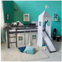 Homestyle4u Hochbett mit Vorhang 90 x 200 cm Kiefer massiv grau