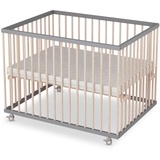 Sämann Laufstall Baby 75x100 cm mit Matratze | TÜV geprüft 2023 | stufenlos höhenverstellbar | Laufgitter Premium | Babybett aus Holz | Krabbelgitter grau/natur