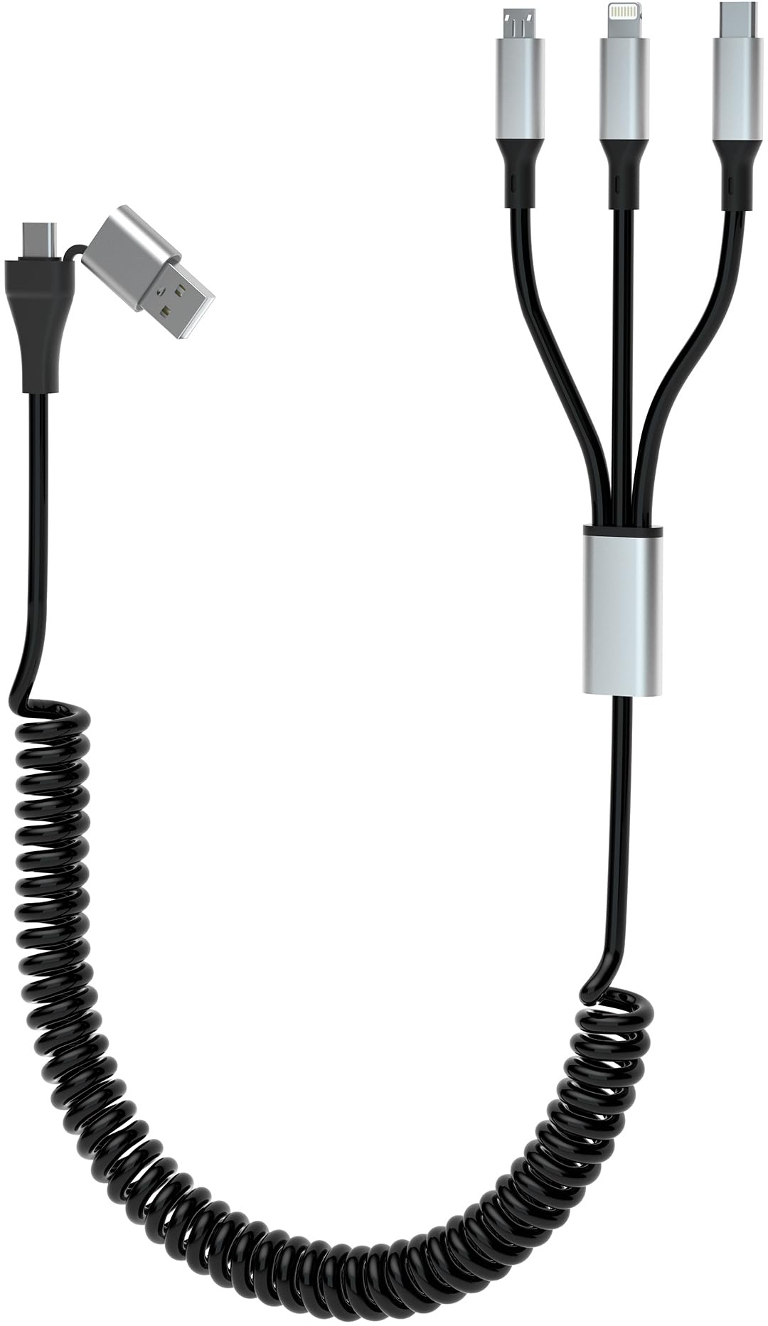 Multi USB Kabel Spiralkabel für Apple Carplay, 3 in 2 Universal USB A/USB C Ladekabel mit Datensynchronisation, Schnell Mehrfach mit Lightning Micro USB Typ C Port für iPhone Galaxy Huawei