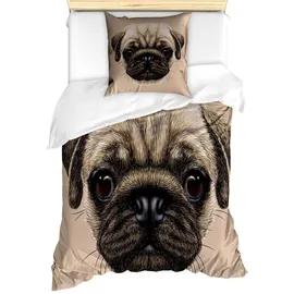 ABAKUHAUS Mops Bettbezug Set für Einzelbetten, Haustier-Tier-Kunst-Entwurf Hund, Weicher Microfaserstoff Allegigeignet kein Verblassen,Tan Pale Brown