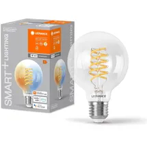 LEDVANCE SMART+ WIFI LED-Lampe, Weißglas, 8W, 806lm, Kugel-Form mit 80mm Durchmesser & E27-Sockel, regulierbares Weißlicht (2700-6500K), dimmbar, App- oder Sprachsteuerung, 15.000 Stunden Lebensdauer