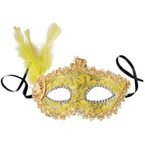 dressforfun 900888 Venezianische Maske mit seitlicher Feder für Damen, Augenmaske mit Stoffmuster, Zierborte und Strass für Ball Fasching Karneval Halloween - diverse Farben - (gelb | Nr. 303547) - Einheitsgröße