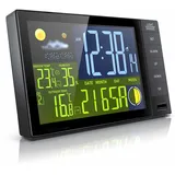 CSL - Funk Wetterstation mit Farbdisplay - Wireless Funksensor/Außensensor - Thermometer - DCF Signal Funkuhr - Alarm - Hygrometer - Luftfeuchtigkeit - Trendanzeige