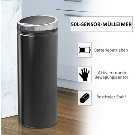 Homcom Sensor Mülleimer 50L, Automatischer Abfalleimer, Rostfreier Kücheneimer für Wohnzimmer, Büro, Edelstahl, Schwarz