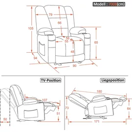 MCombo Relaxsessel 7008 Stoff 90 x 105 x 94 cm Grau mit Liegefunktion und Massage